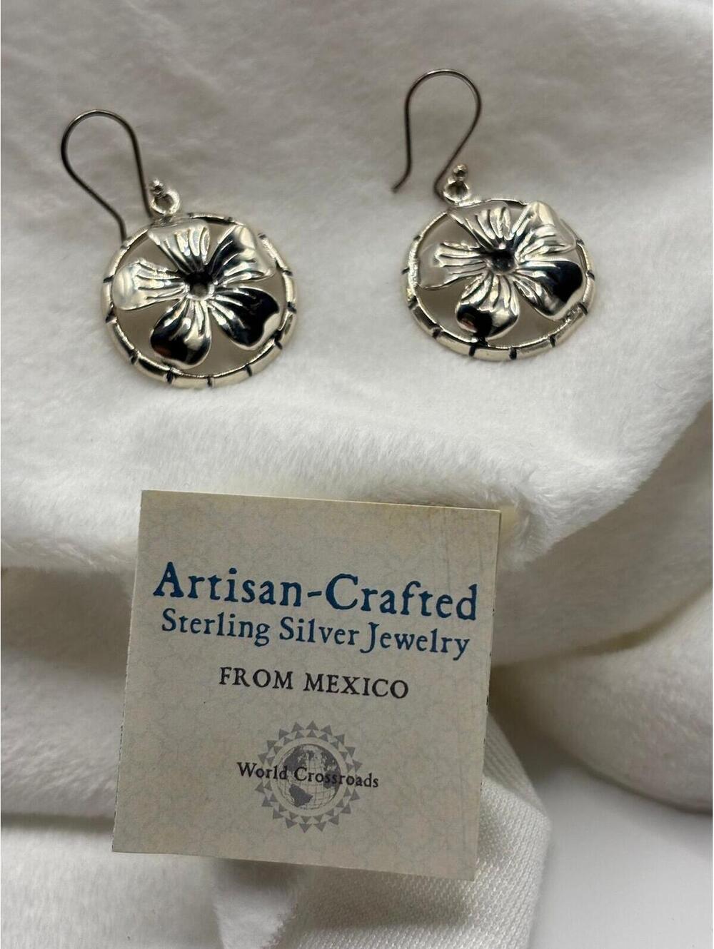 New Taxco ATI 925 Sterling Fish Hook Floral Dangle Earrings
